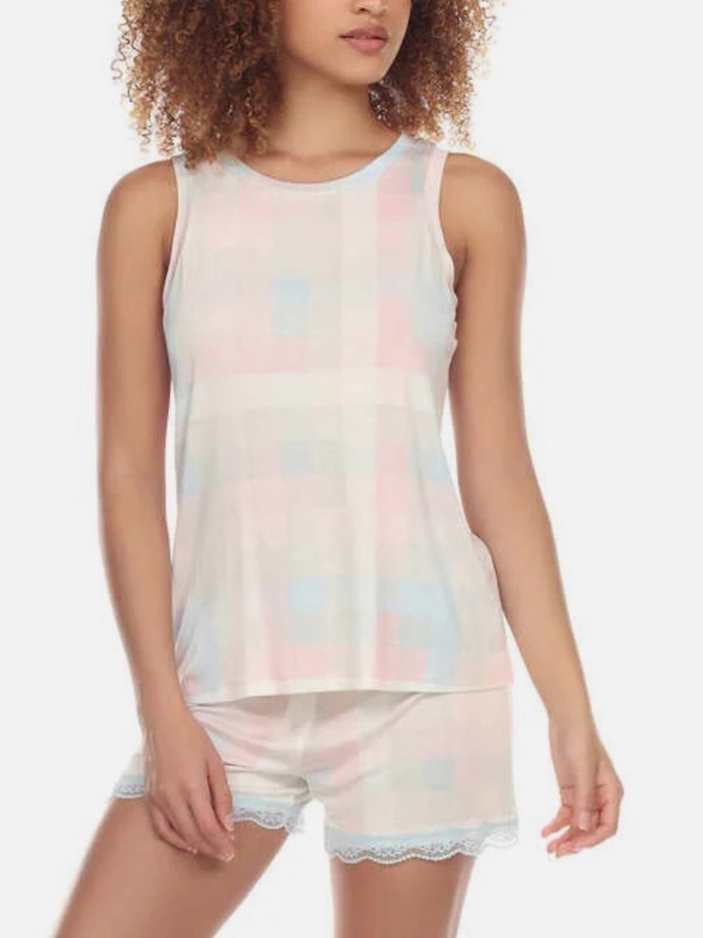 Honeydew Women’s Pastel Plaid Pajamas Sleep Tank & Short Set - Soft Pink/Blue